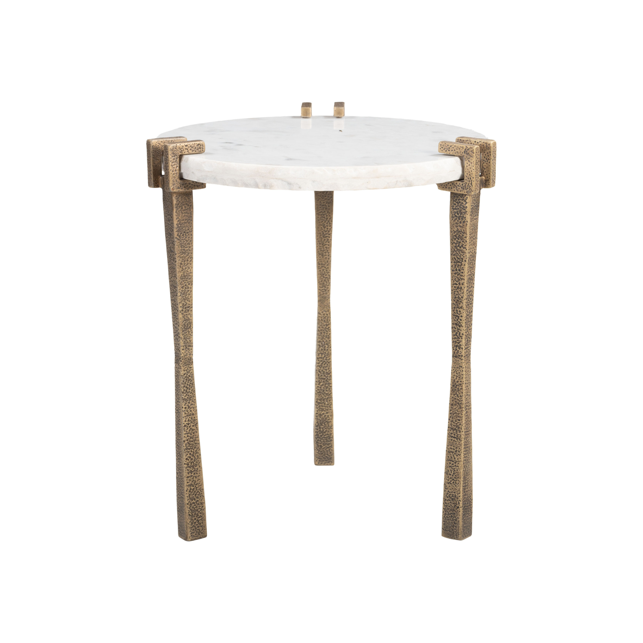 Vista lateral de la Mesa Lateral Lura con cubierta de mármol blanco y patas de hierro