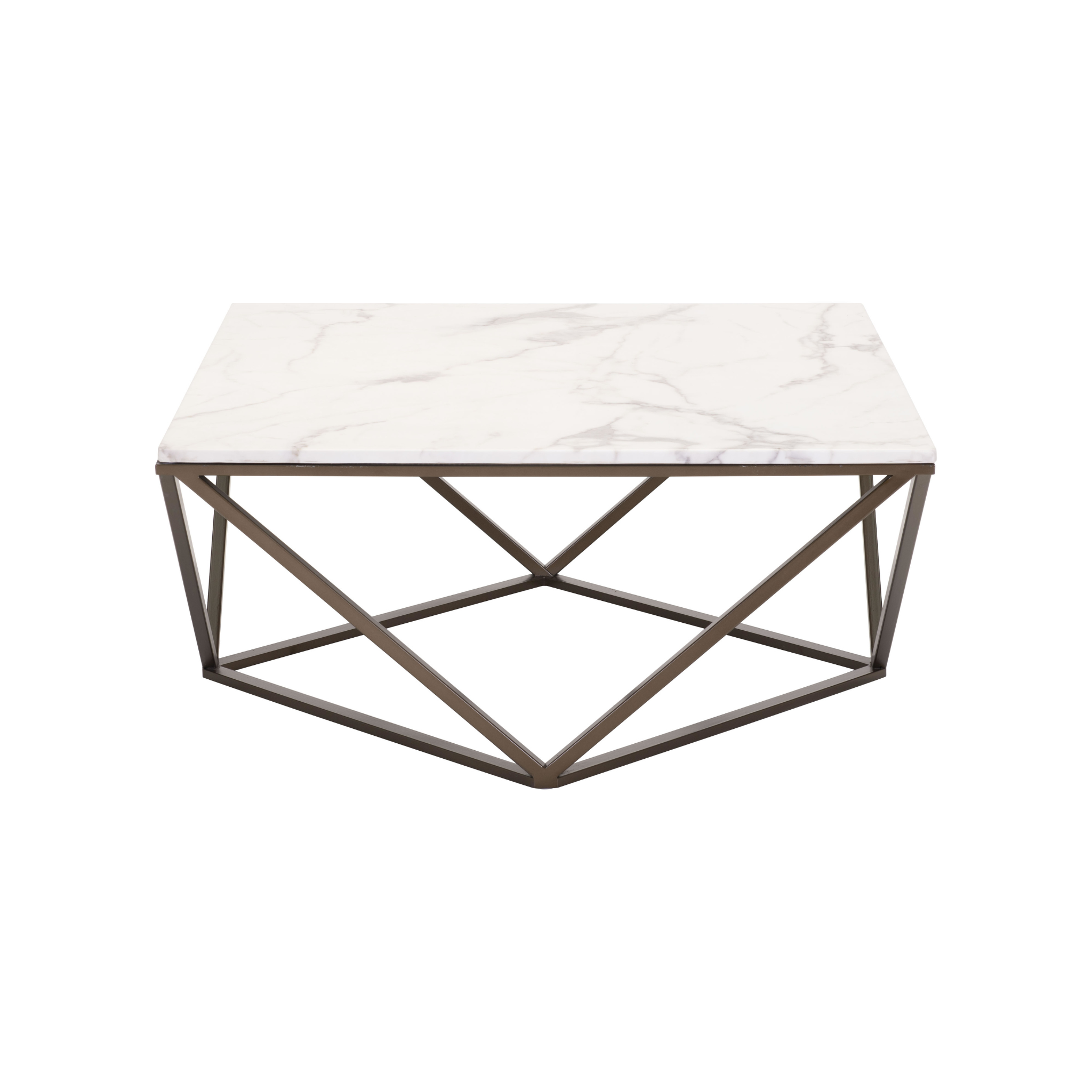 Vista frontal de la mesa de centro Tintern con base geométrica de metal y cubierta tipo mármol blanco