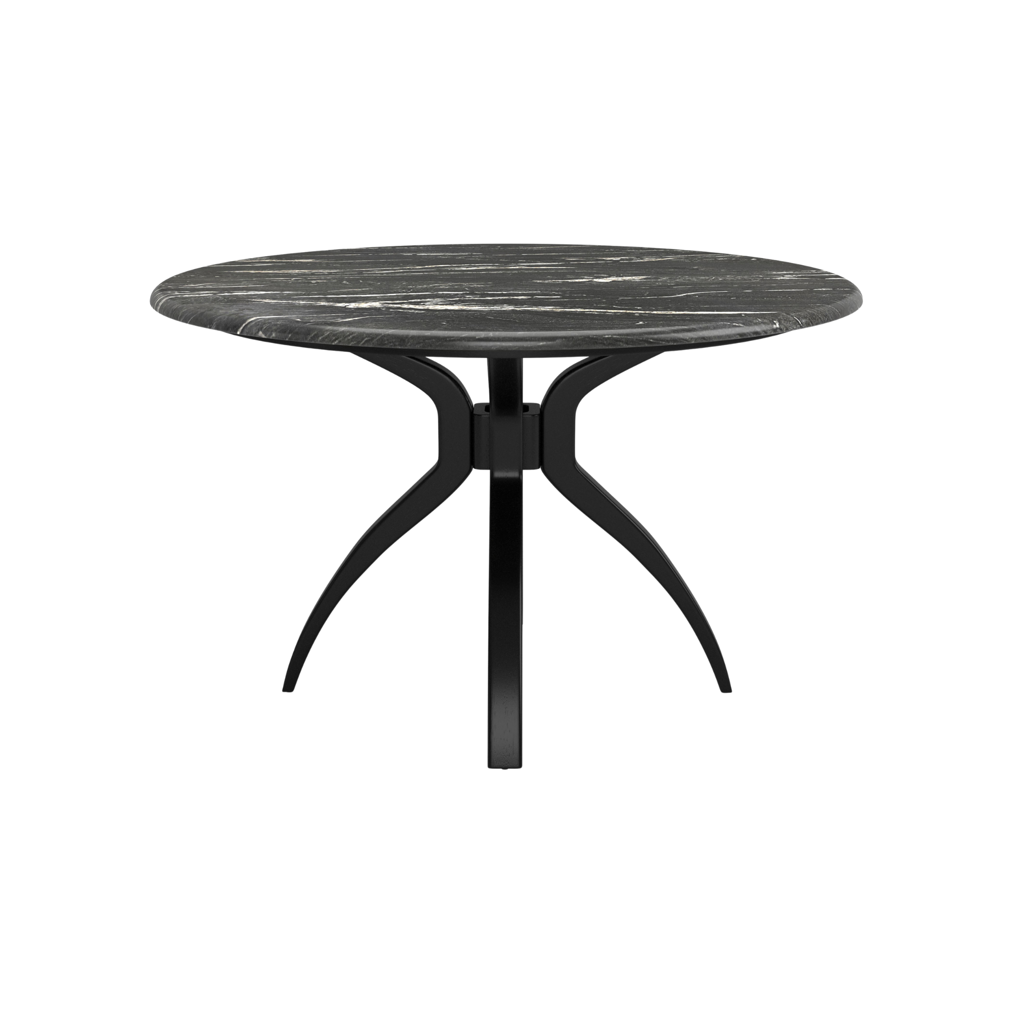 Mesa de comedor redonda Roux con cubierta de mármol negro y base escultórica en negro mate, vista frontal