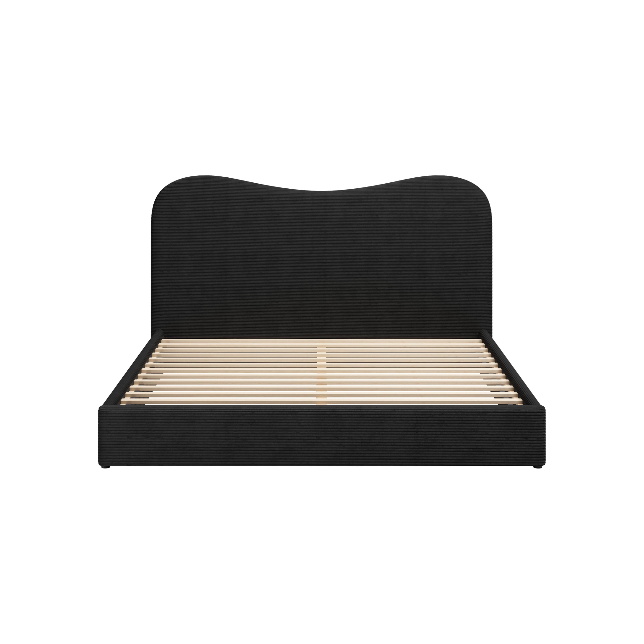 cama king sele vista frontal con cabecera curva tapizada en tela negra