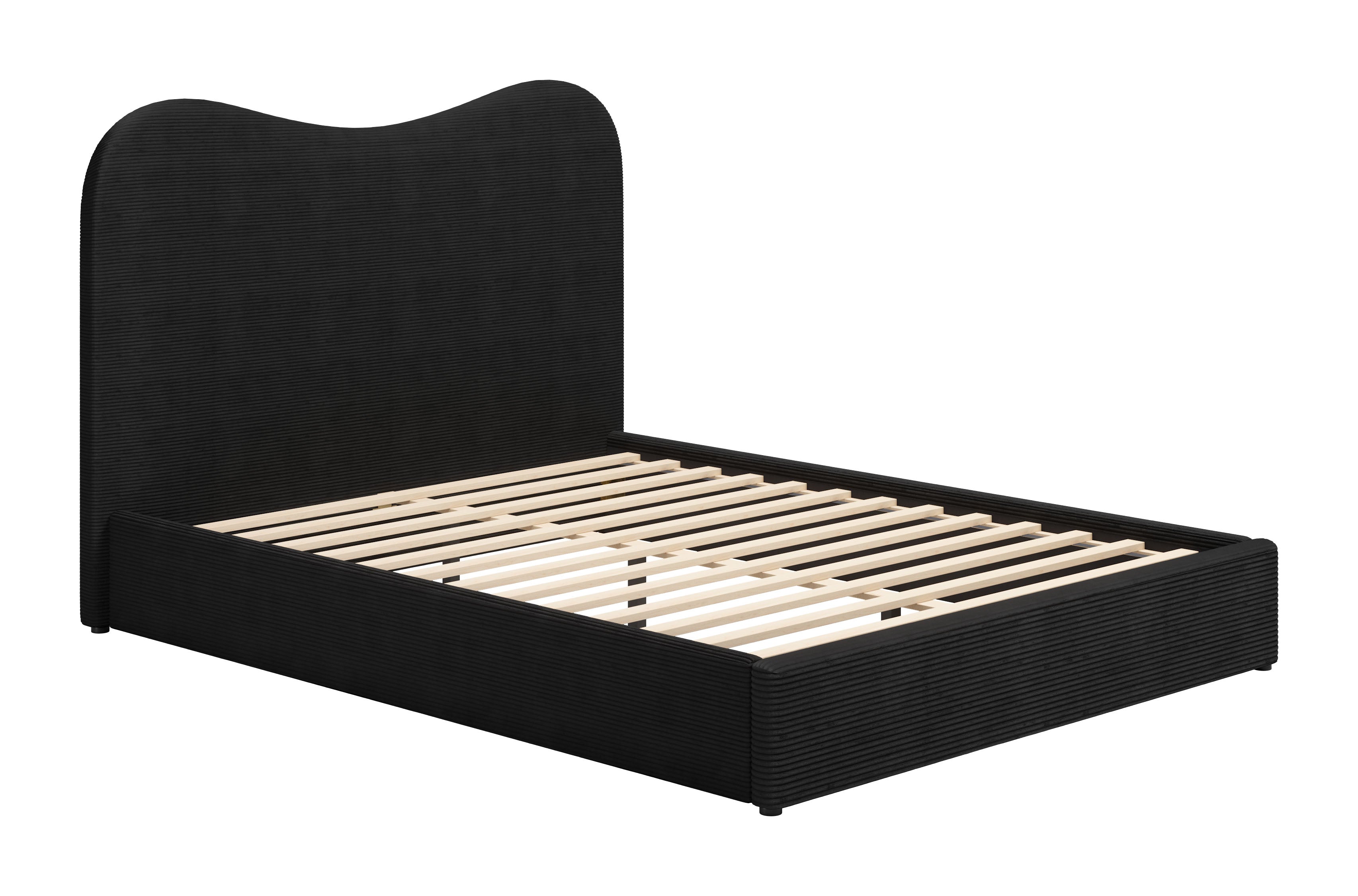 Estructura de cama tapizada en terciopelo negro vista en ángulo con cabecera curva y base de madera