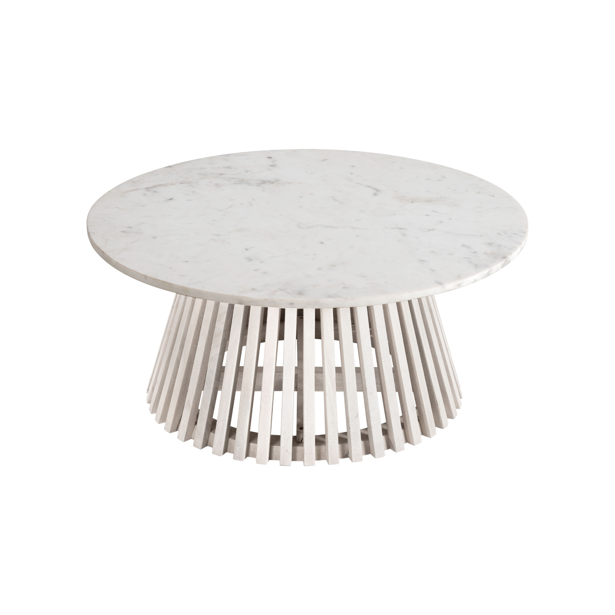 Mesa Revna desde un ángulo superior, mostrando su diseño esculpido en madera de mango y cubierta de mármol.