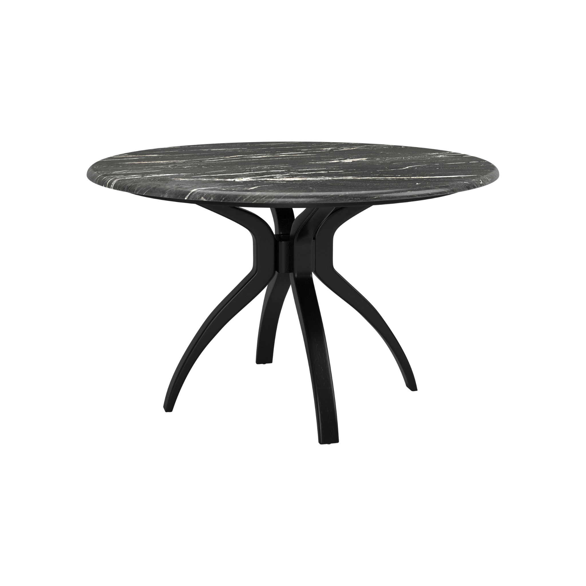 Mesa de comedor moderna Roux vista en ángulo, con base de madera negra y cubierta de mármol natural