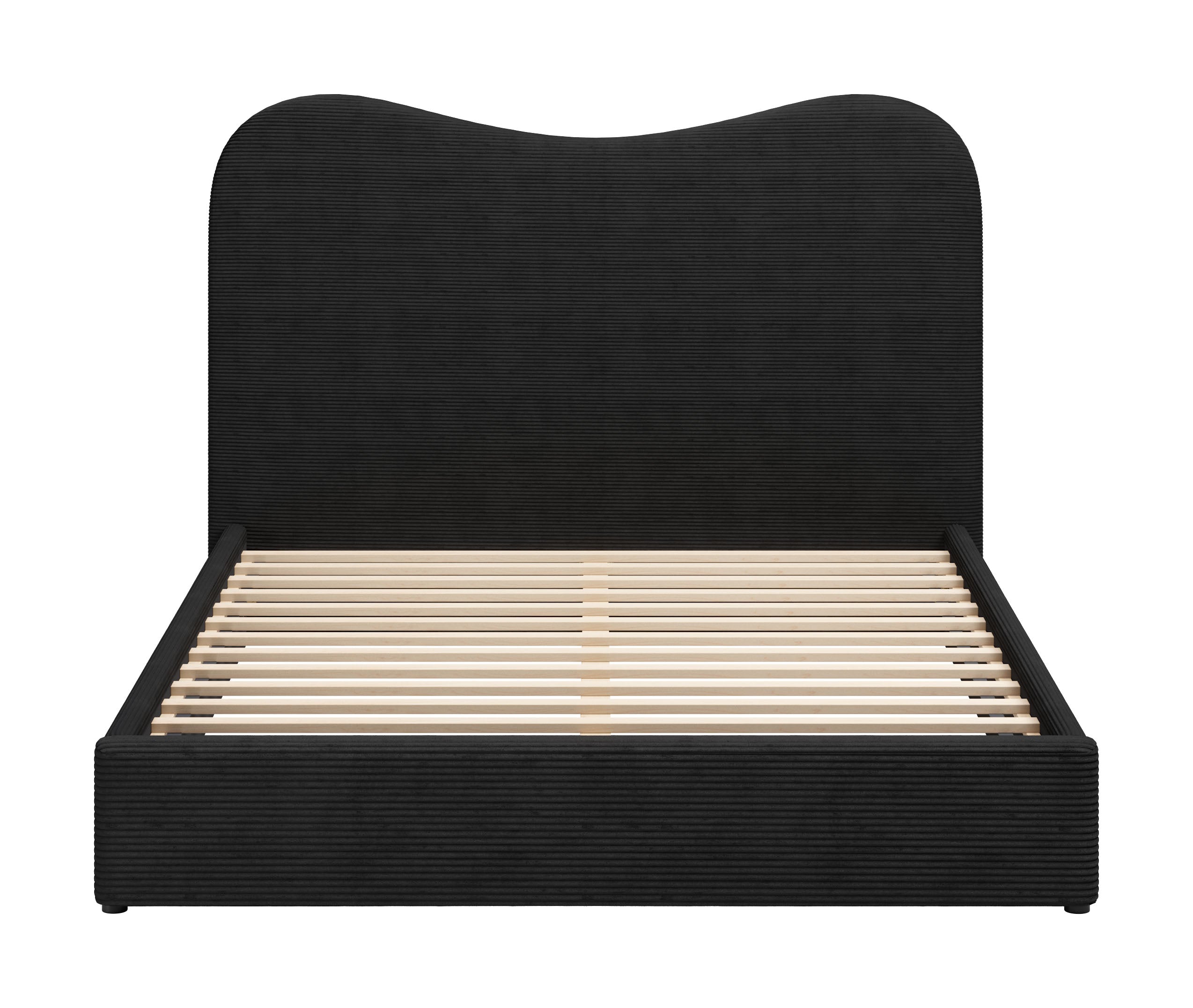Cama contemporánea con cabecera curva tapizada en negro y estructura de base baja