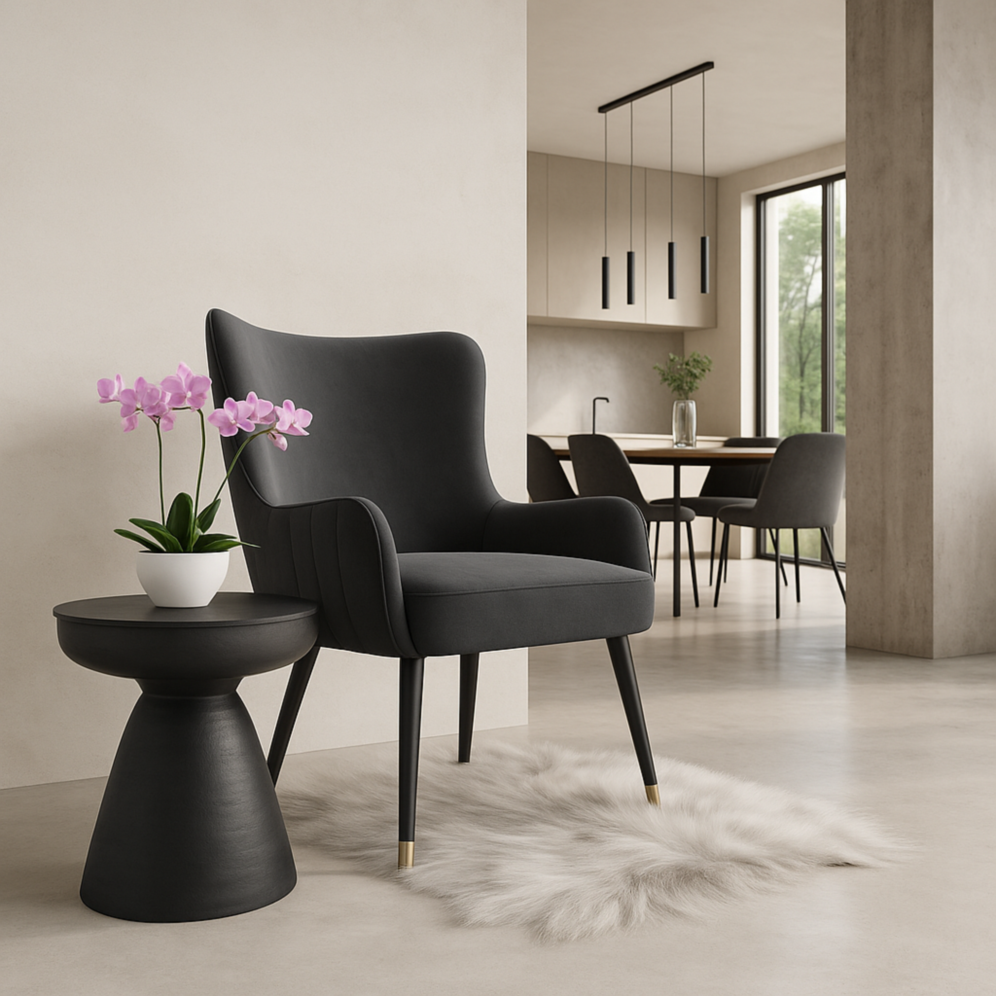 Mesa Lateral Moro junto a un sillón en interior moderno, ideal como mesa de acento