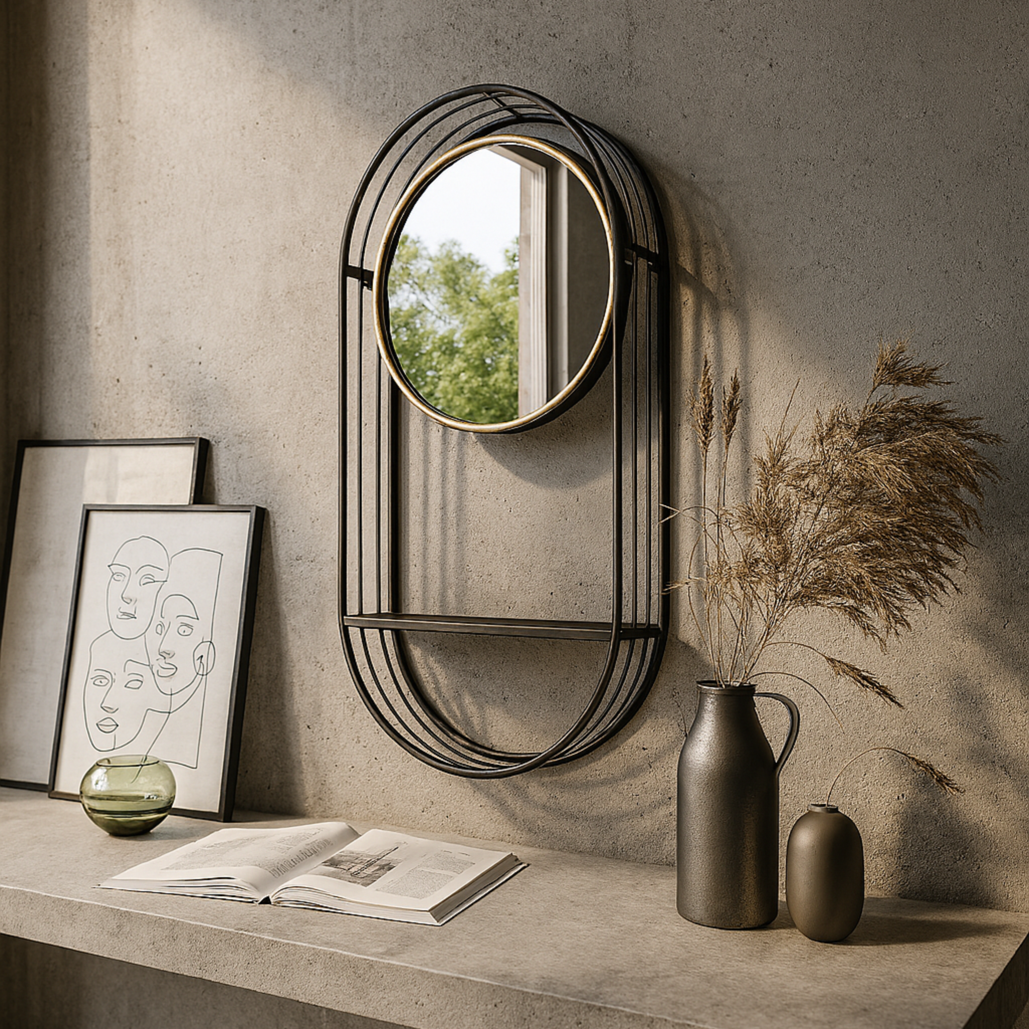 Espejo Saroni montado en muro con decoración minimalista estilo brutalista