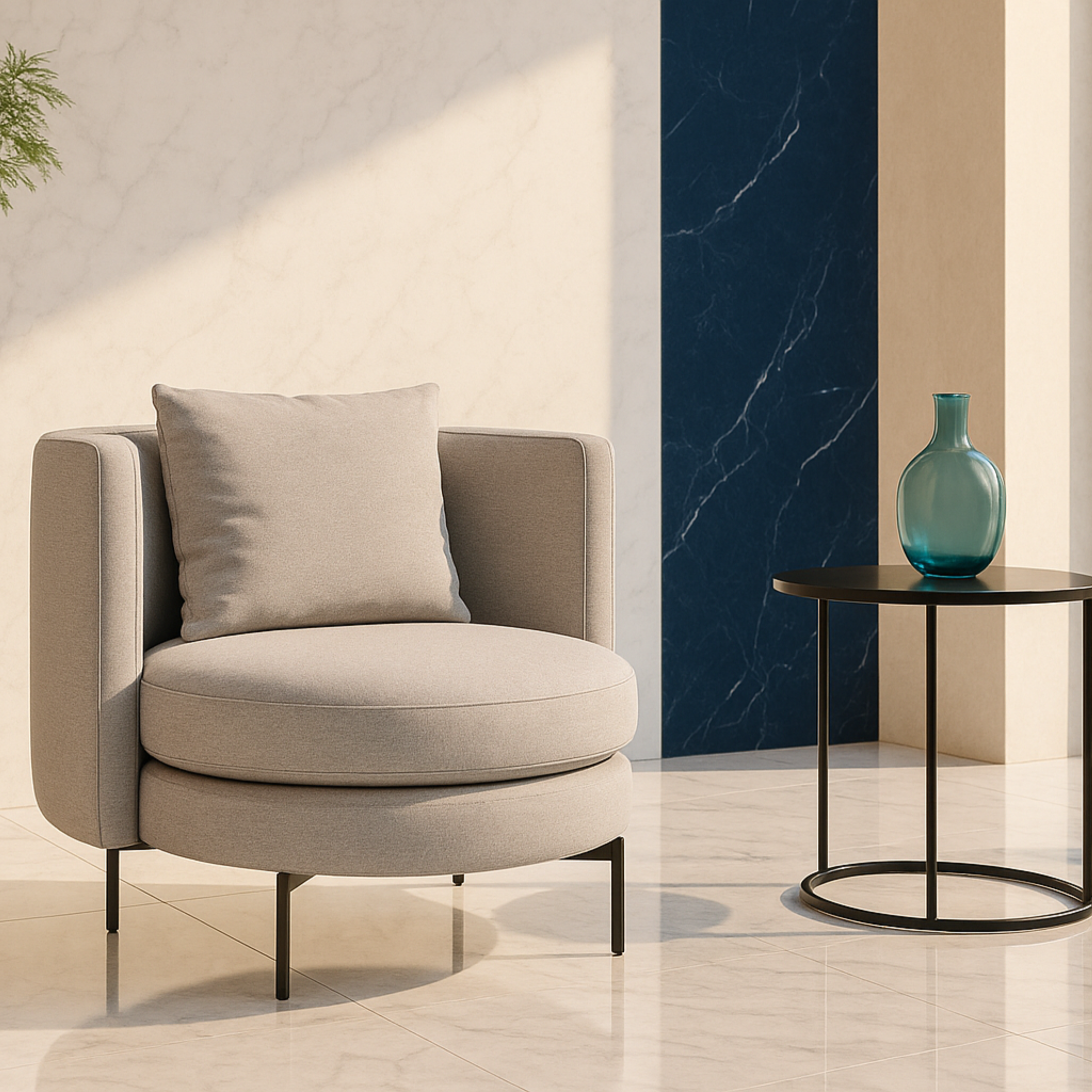 Sillón Arden en tela beige claro con base negra, acompañado de mesa lateral con florero azul en ambiente moderno y luminoso