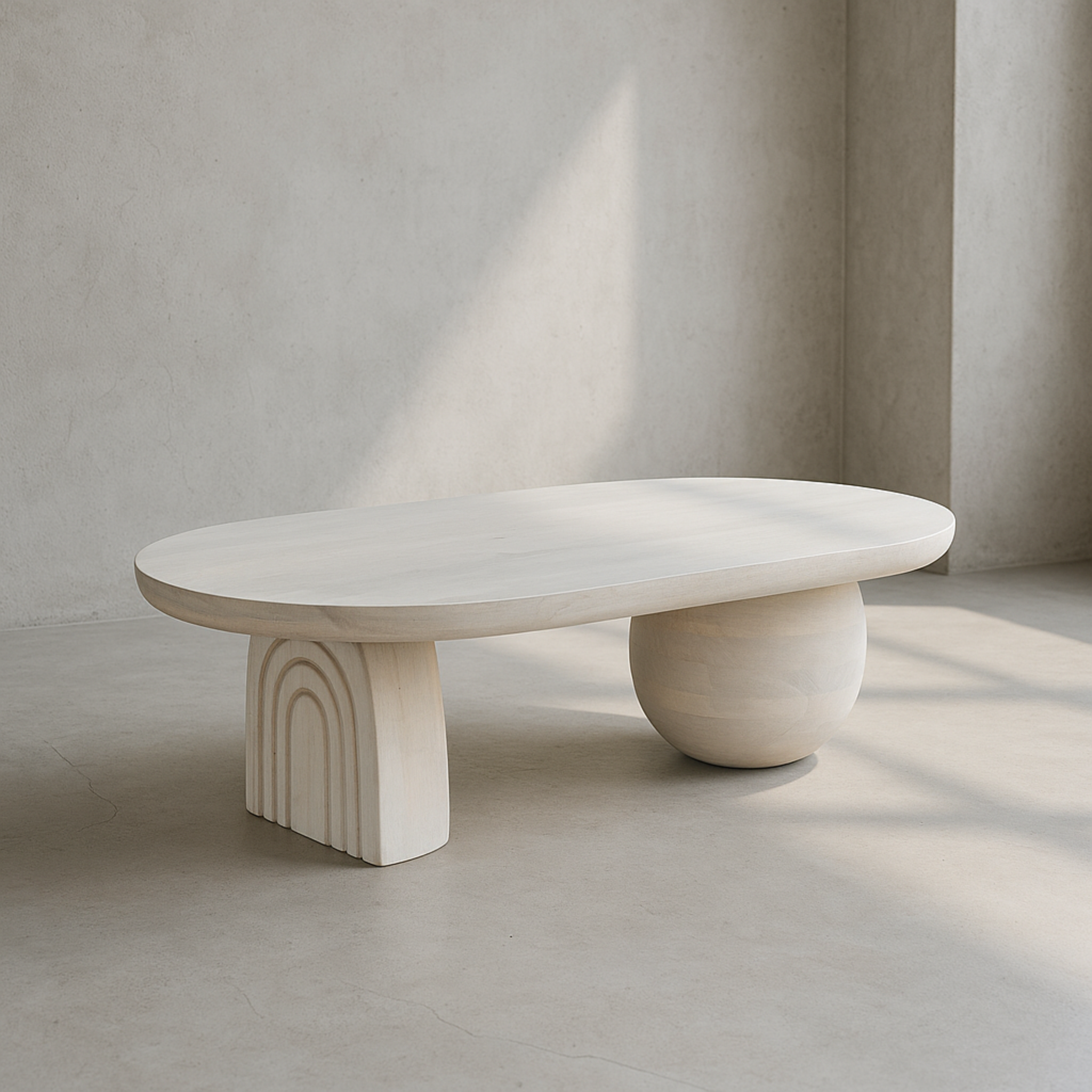 Mesa de centro de madera blanca en interior minimalista con luz natural
