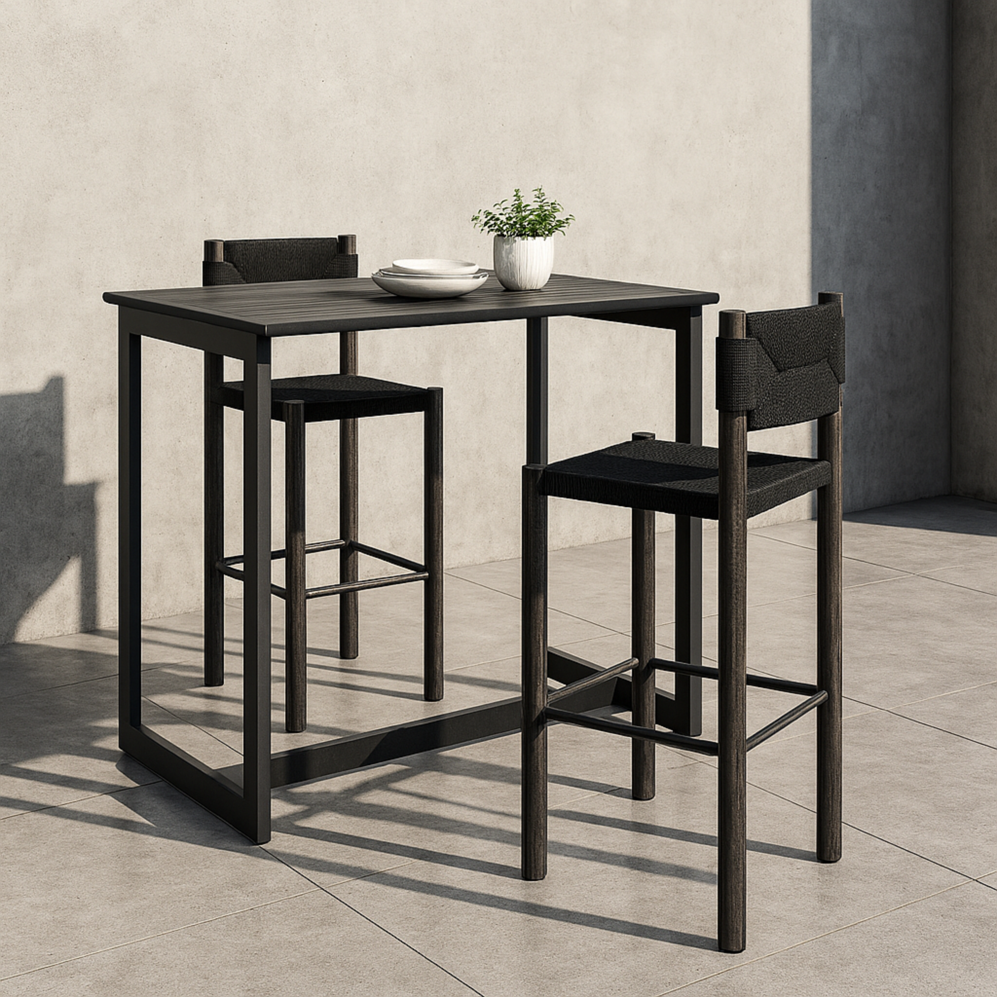 Banco Alto Luno negro en terraza junto a mesa de exterior