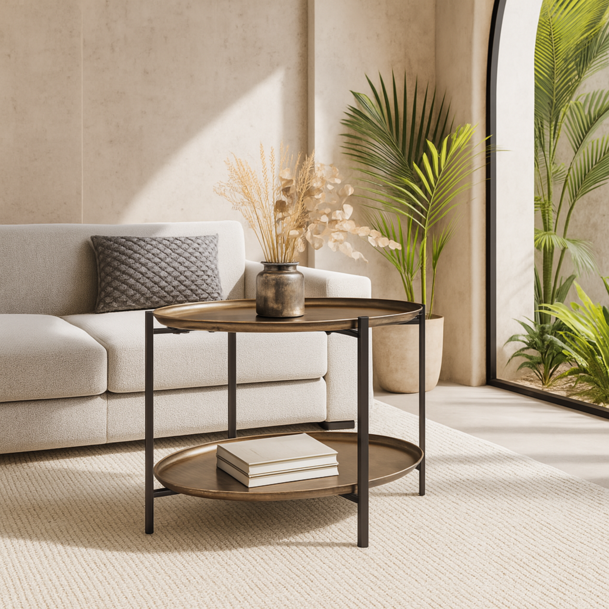 Mesa de Centro Bronson en interior moderno con luz natural y palmas tropicales