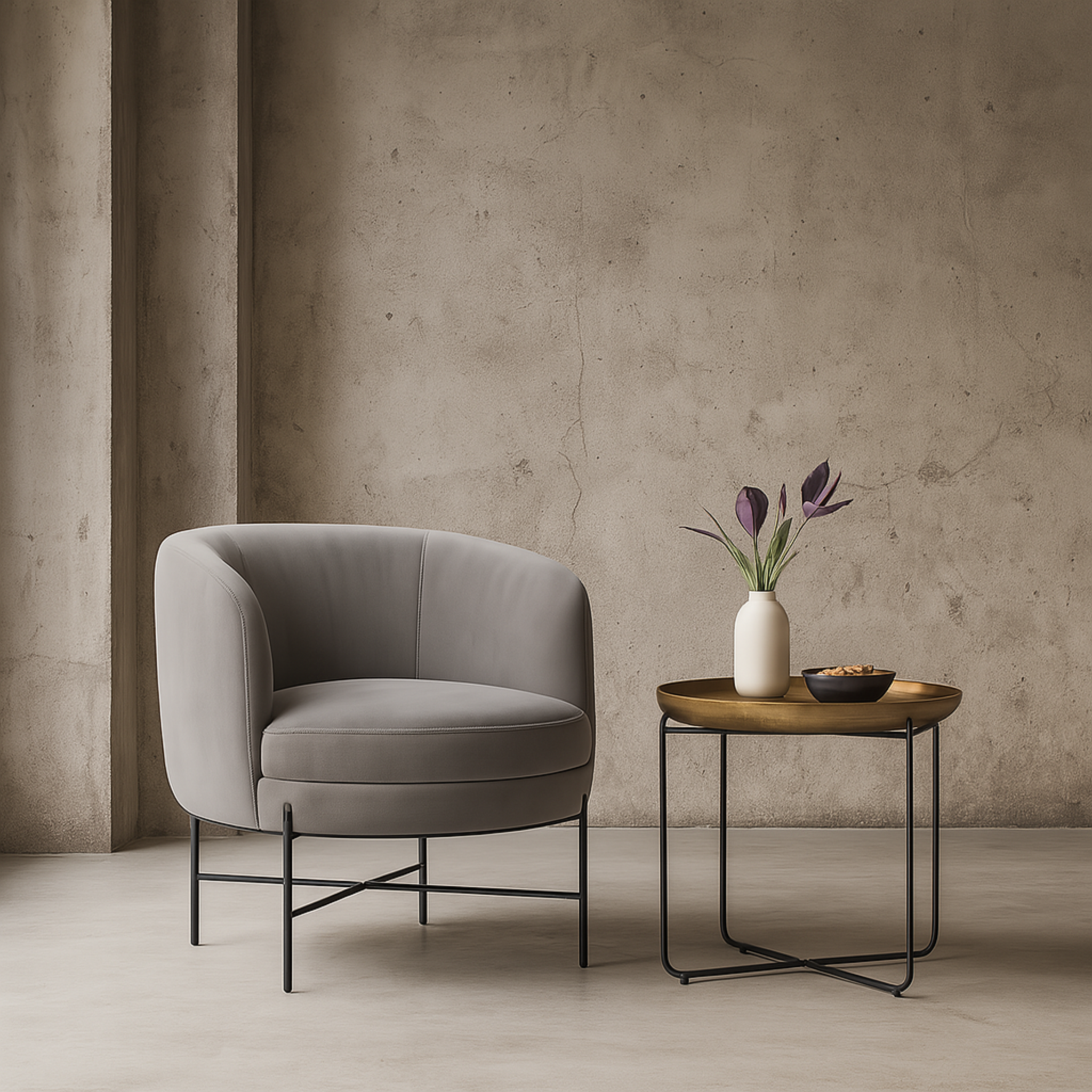 Mesa Lateral Bronson en ambiente moderno brutalista con sillón gris claro