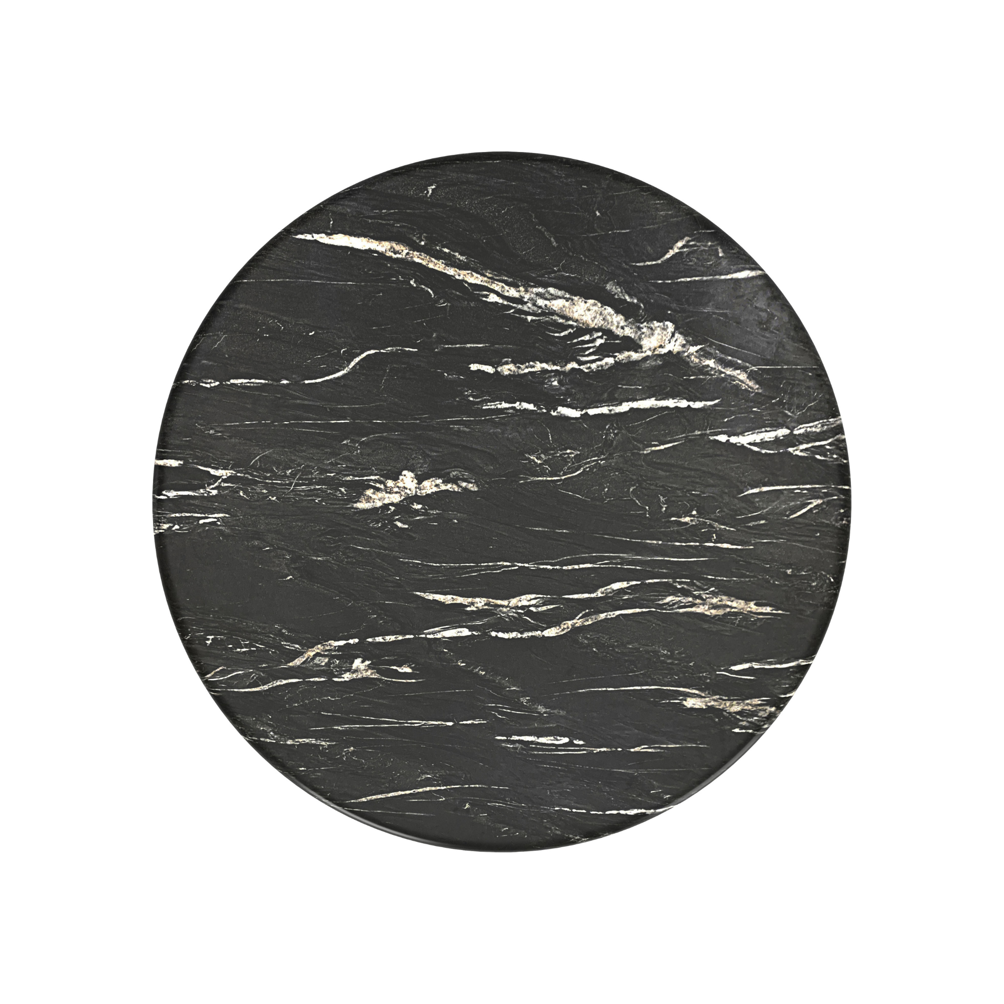 Vista superior de la mesa Roux destacando el mármol negro con vetas blancas orgánicas