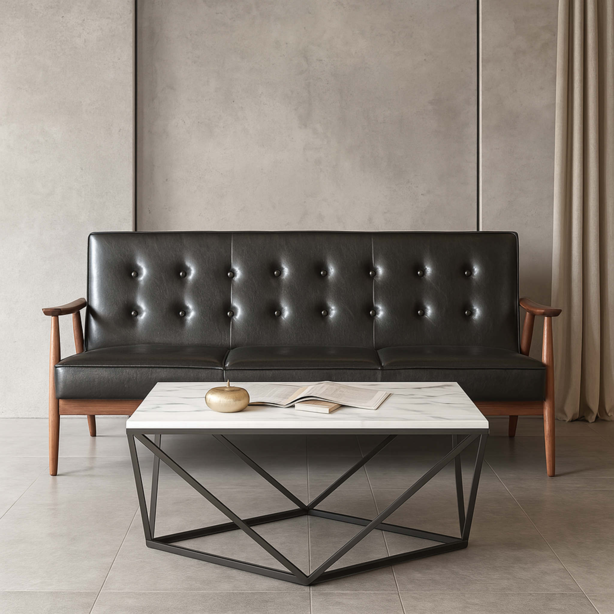 Mesa de centro Tintern con cubierta tipo mármol en sala moderna con sofá de piel negra