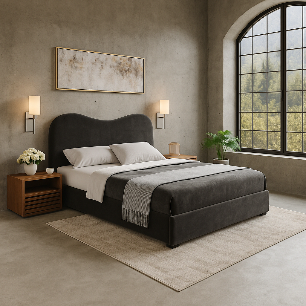 Dormitorio moderno con cama king de terciopelo negro, buró de madera y muros de concreto visto, iluminado por luz natural