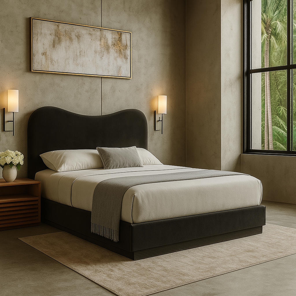 Cama moderna tapizada en terciopelo negro dentro de dormitorio brutalista tropical, con ventanal y muros de concreto