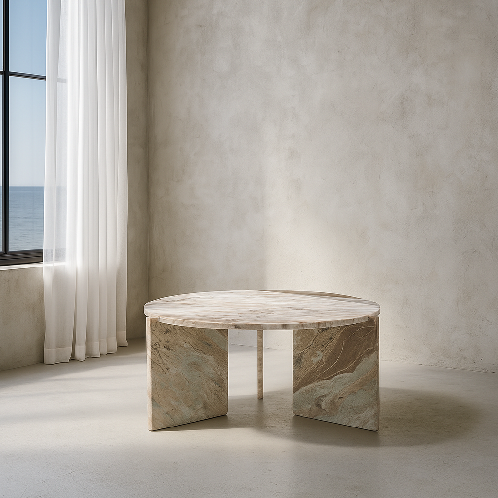 mesa de mármol Lancaster en ambiente brutalista moderno con luz natural