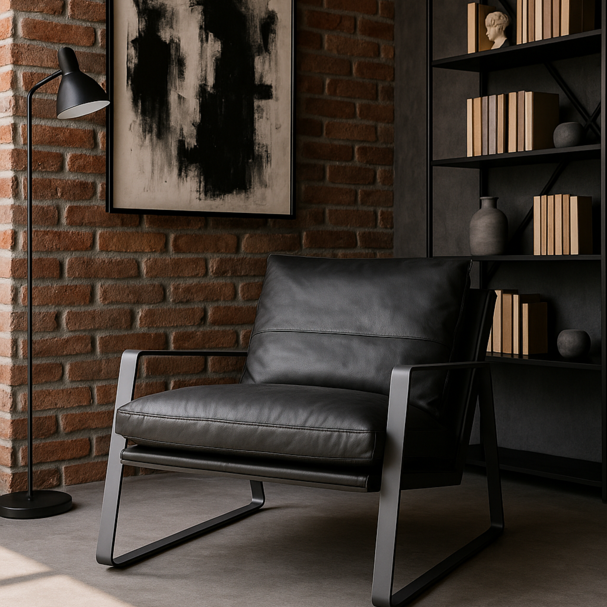 Sillón Hans en ambiente industrial con pared de ladrillo, lámpara de pie y librero moderno