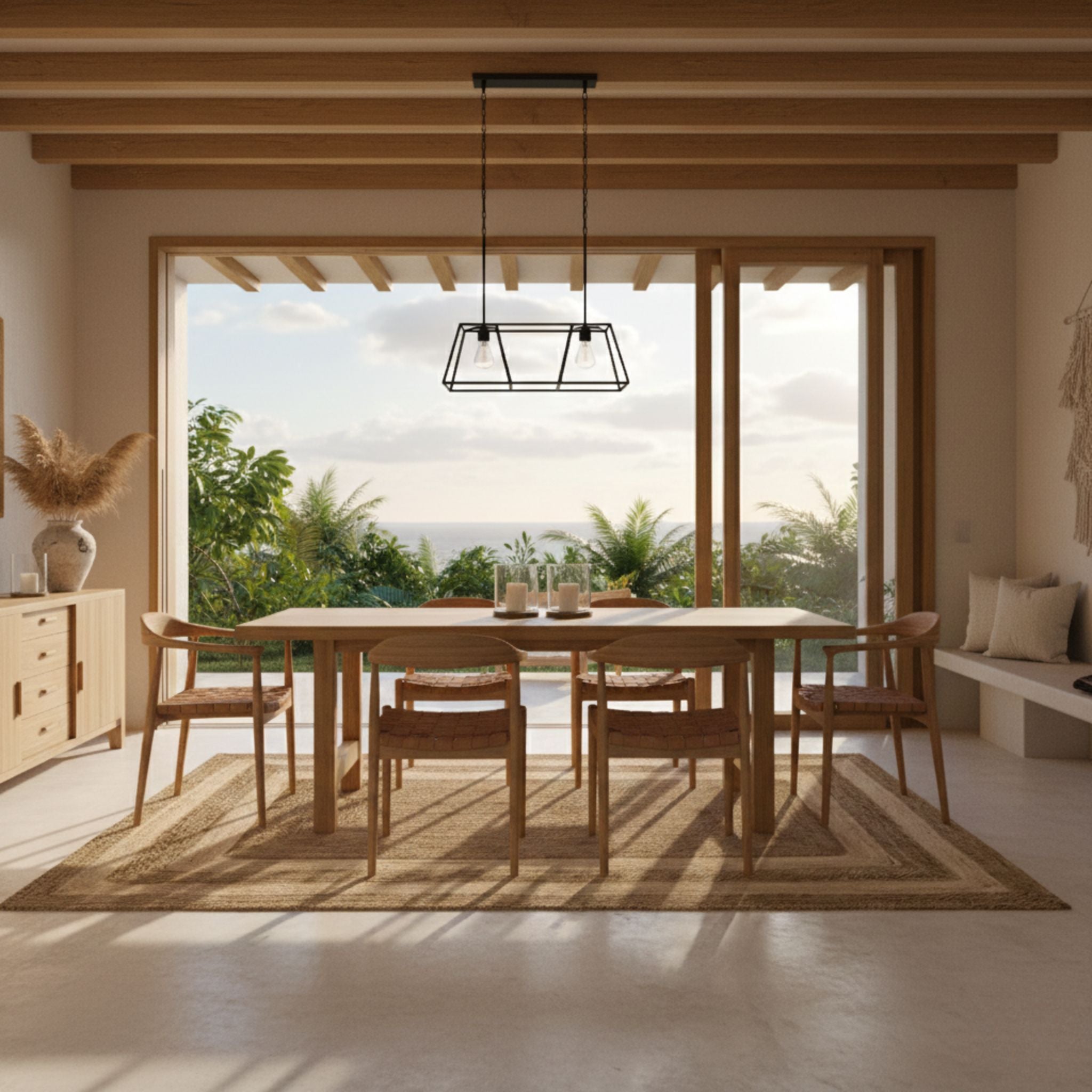 Tapete Ulu de alga marina de 150cm x 210cm, integrando un comedor costero moderno con vigas de madera natural y vistas a un jardín tropical.