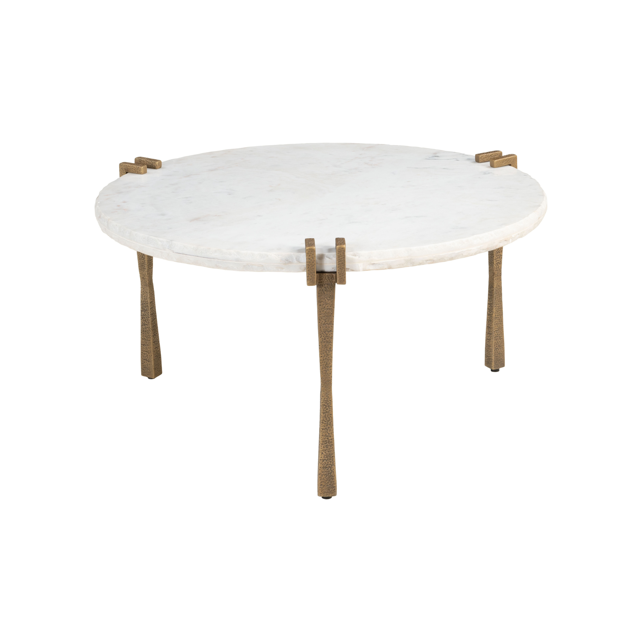 Mesa de centro Lura redonda con cubierta de mármol blanco y estructura de hierro martillado