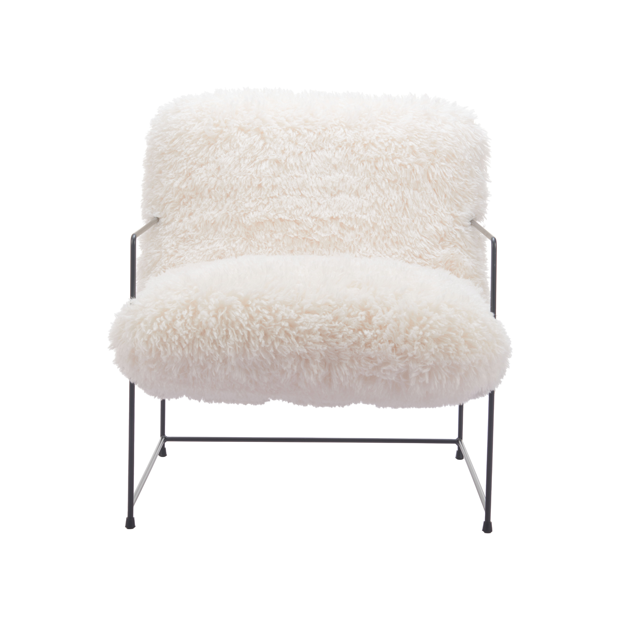 Vista frontal del Sillón Soma con tapizado peluche blanco y estructura negra