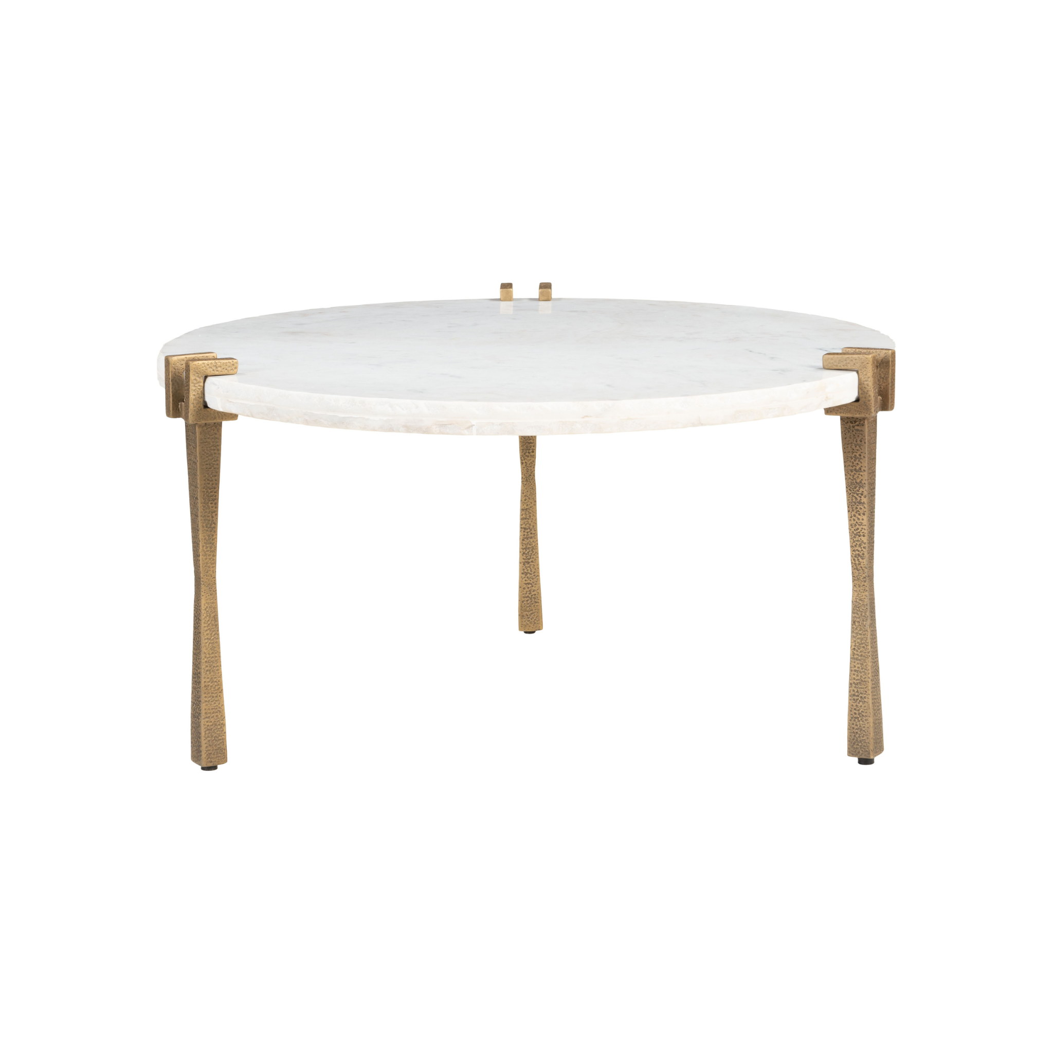 Vista frontal de la Mesa Lura con superficie de mármol y patas de hierro texturizado