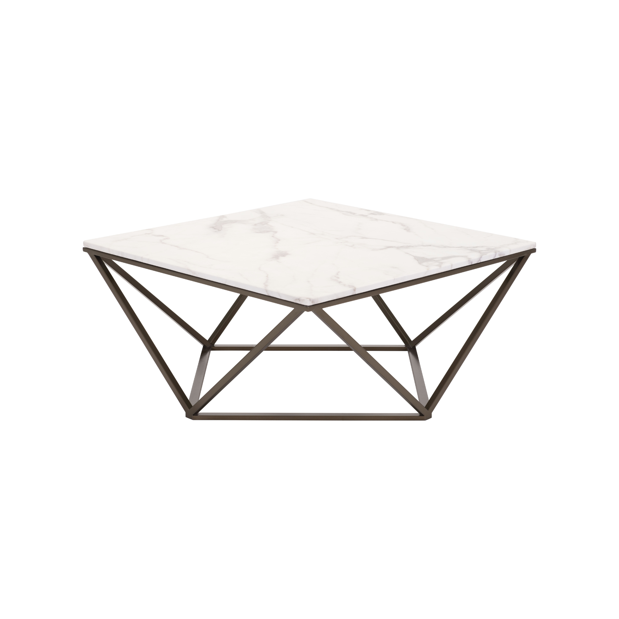 Mesa de centro Tintern con diseño geométrico, superficie tipo mármol y estructura metálica negra