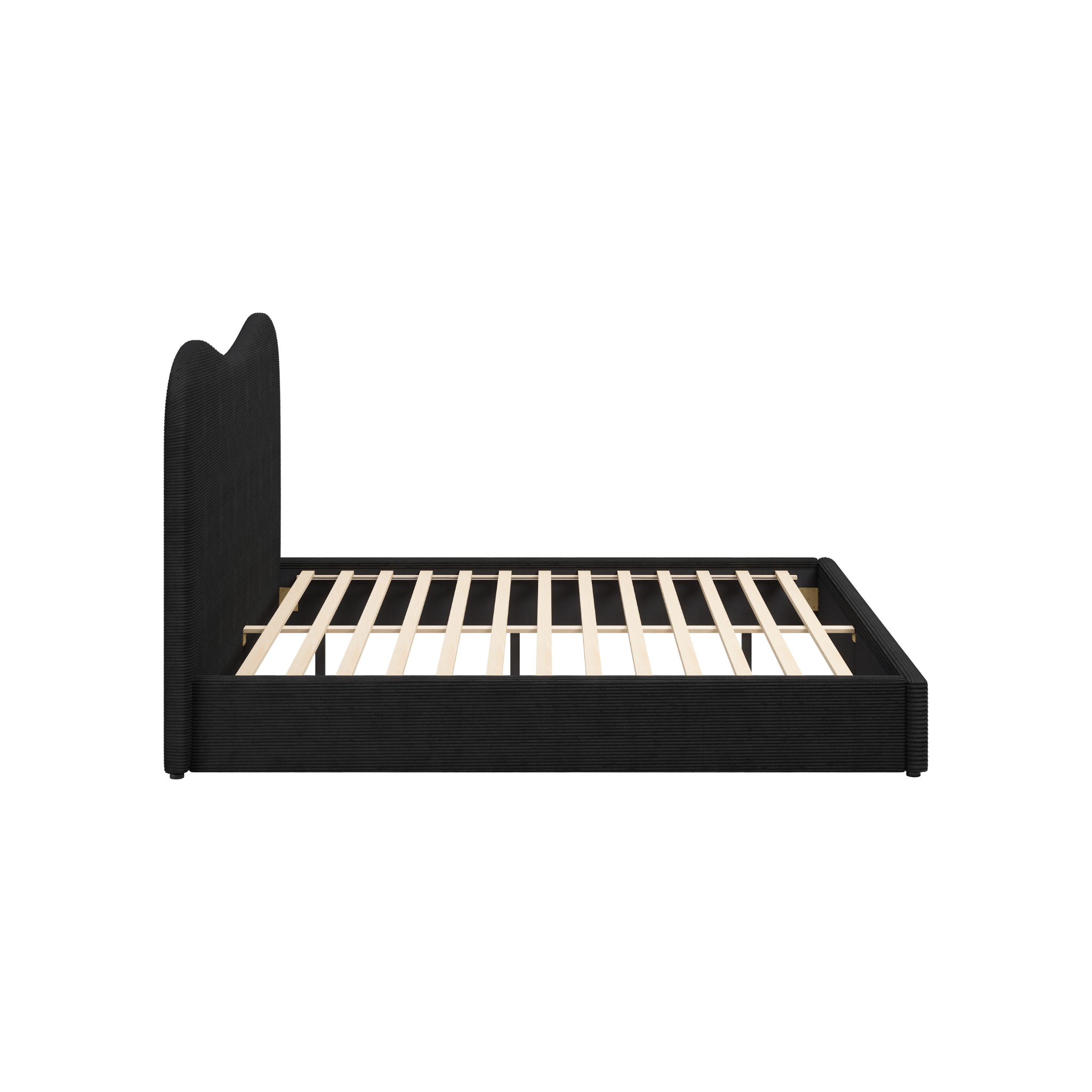 cama king sele vista lateral mostrando base baja y estructura de madera