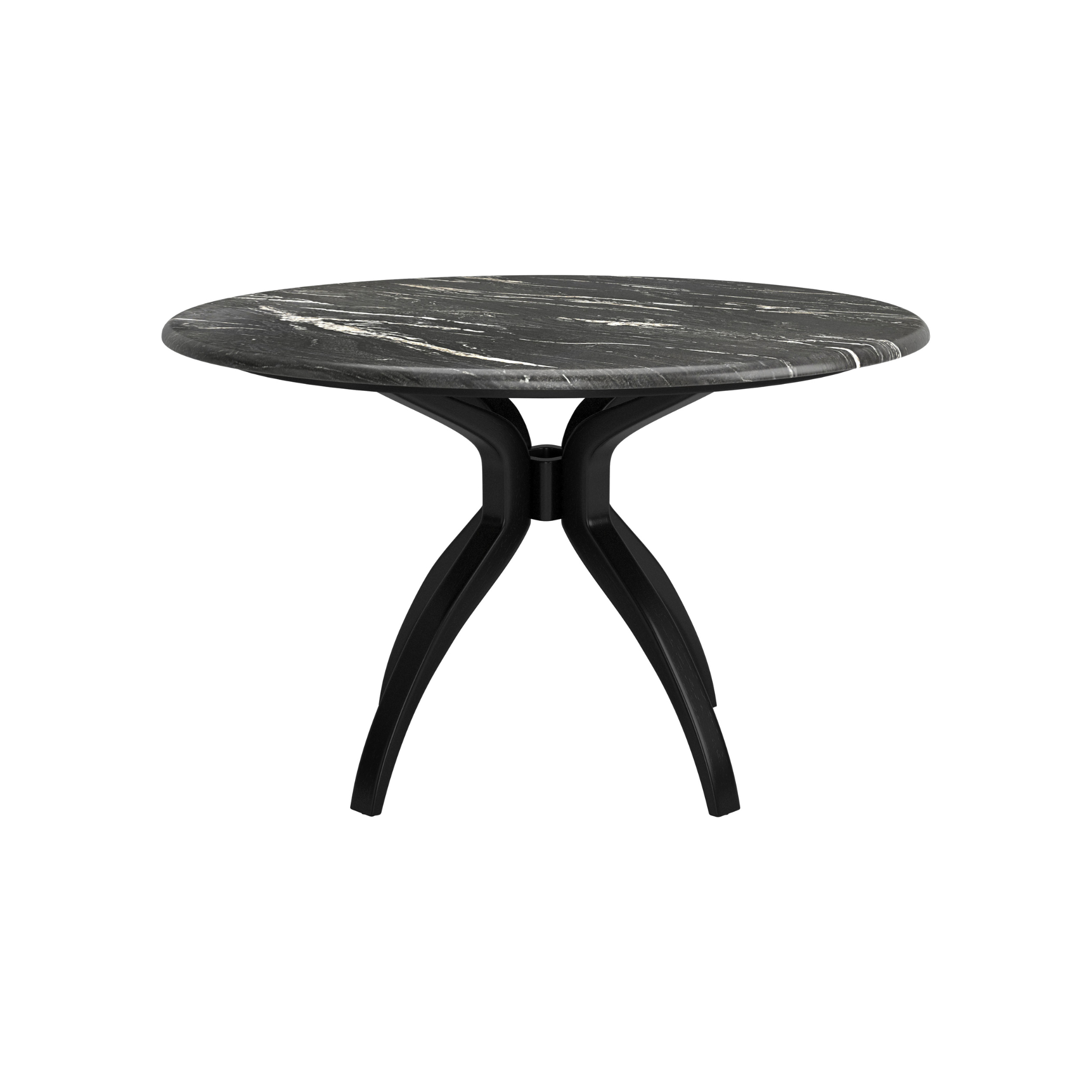 Vista lateral de la mesa Roux mostrando su base curva y cubierta de mármol negro con vetas blancas