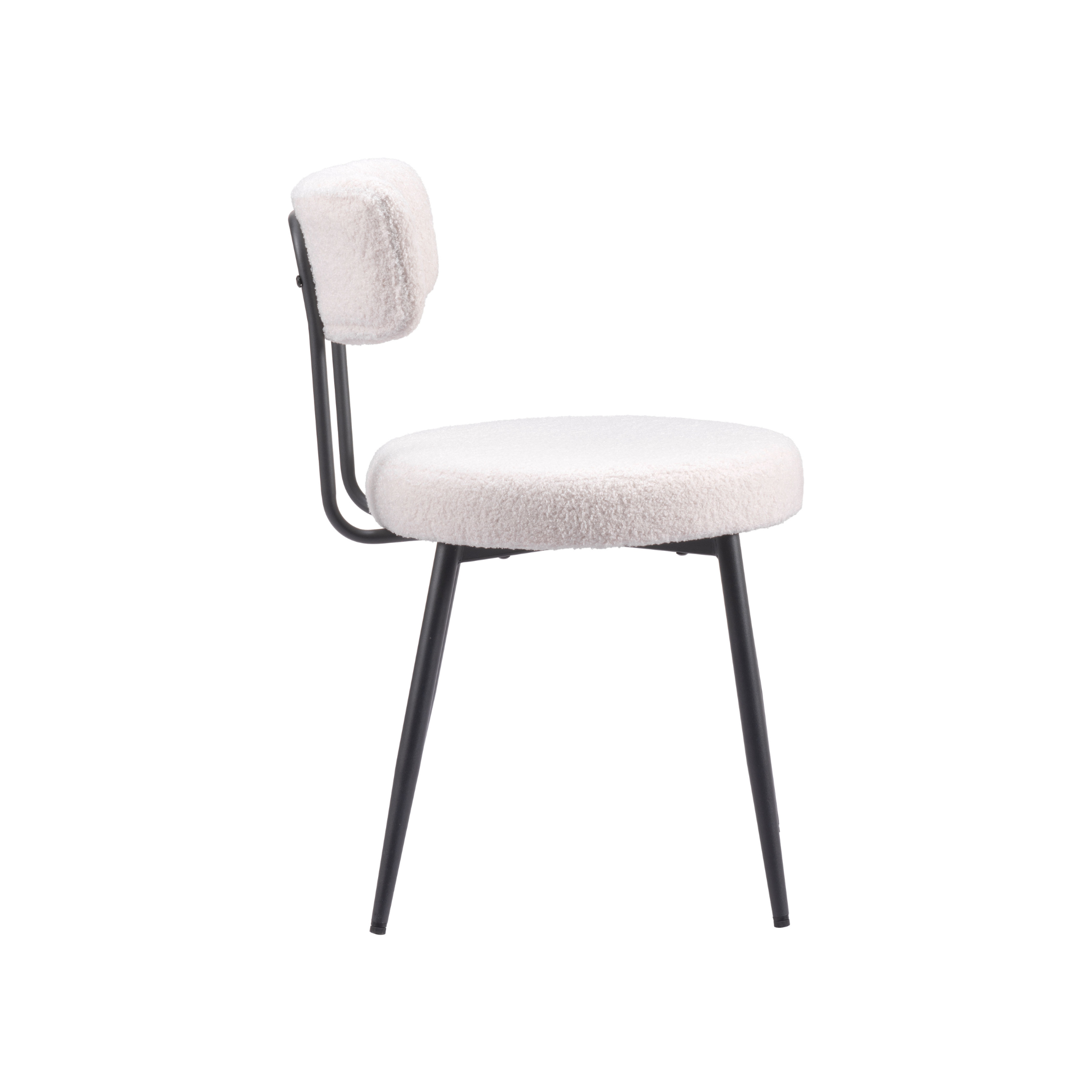 Vista lateral de la silla de comedor blanca con estructura negra y asiento tapizado en bouclé