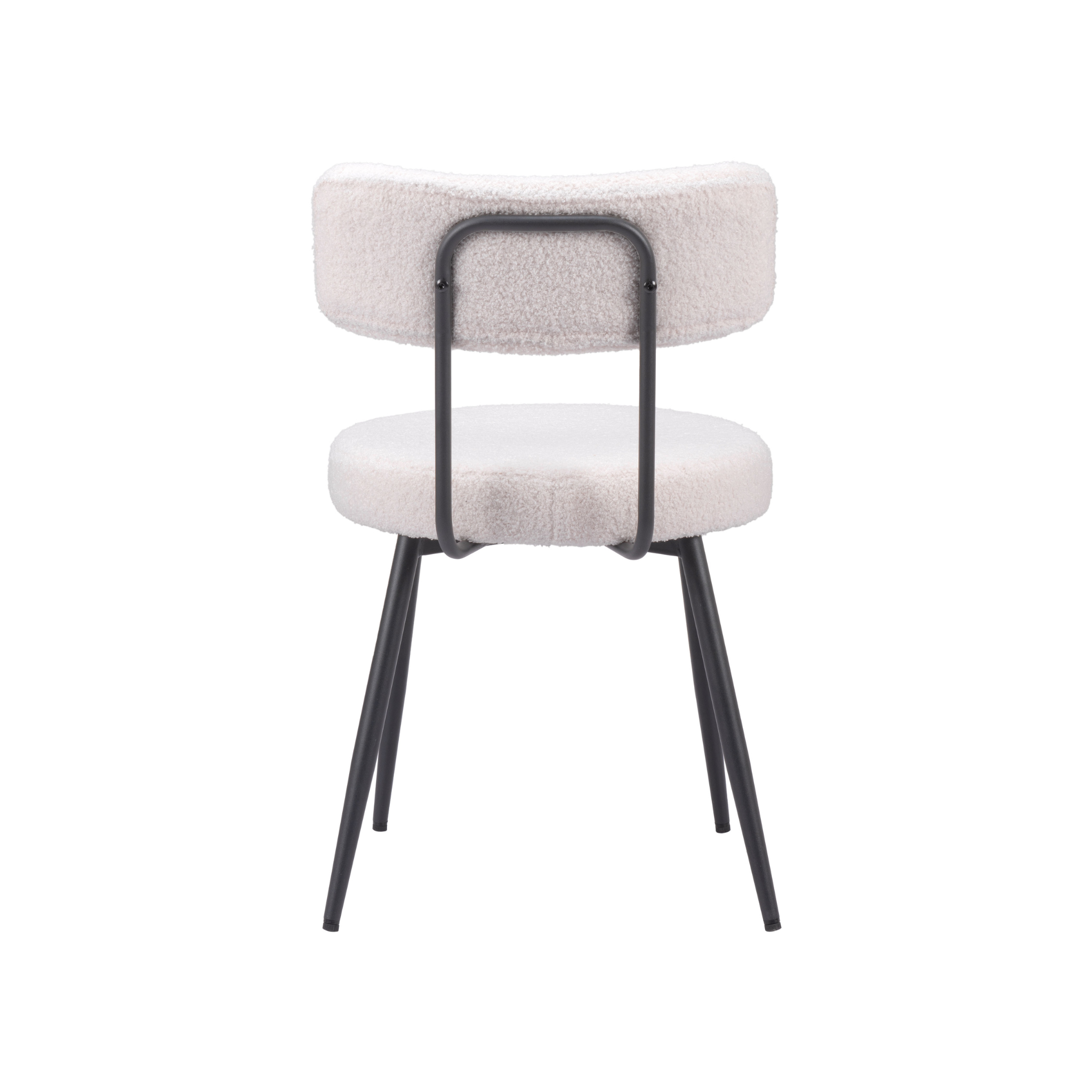 Vista trasera de la silla de comedor blanca con diseño minimalista y estructura tubular metálica