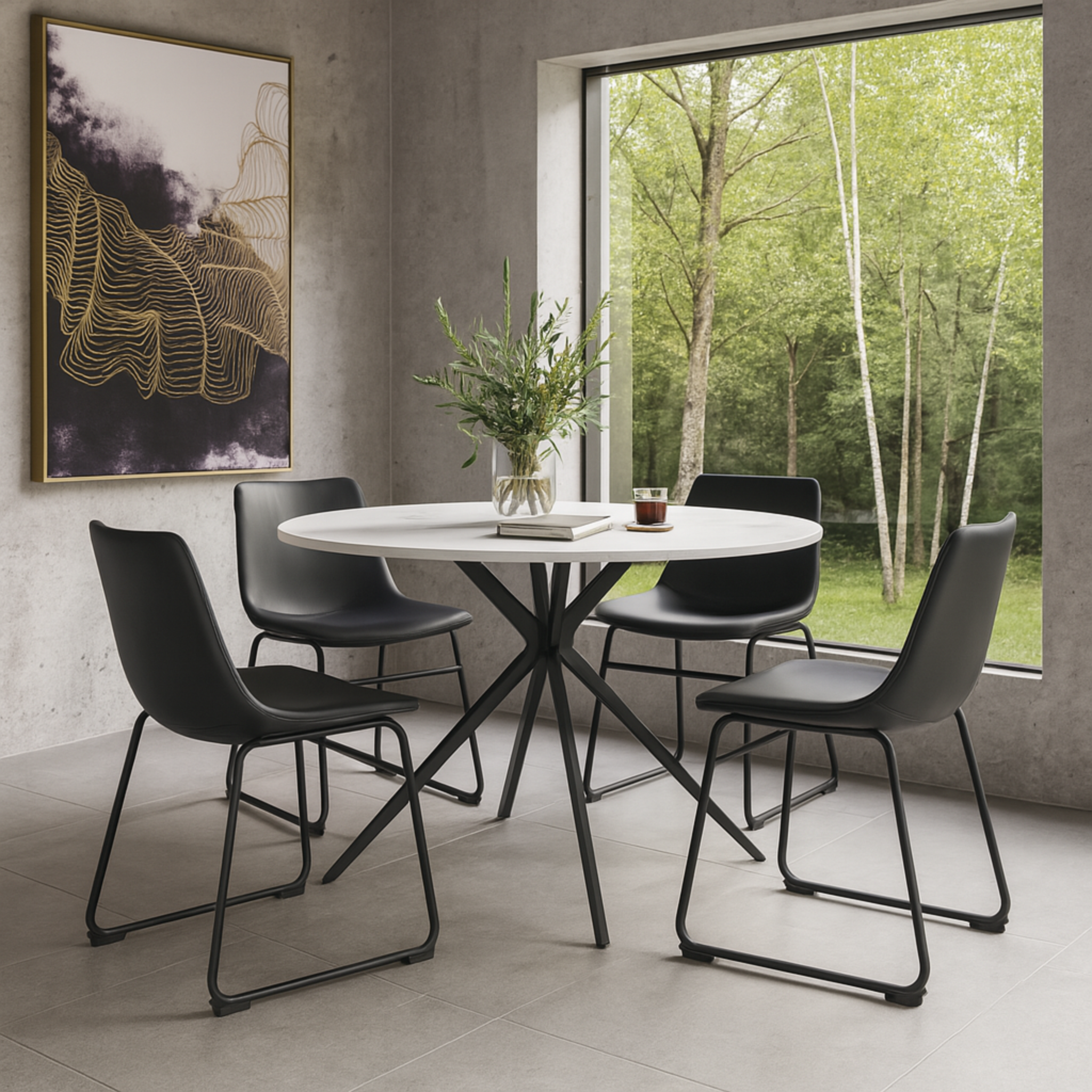 Silla Varo en comedor moderno junto a mesa redonda de mármol