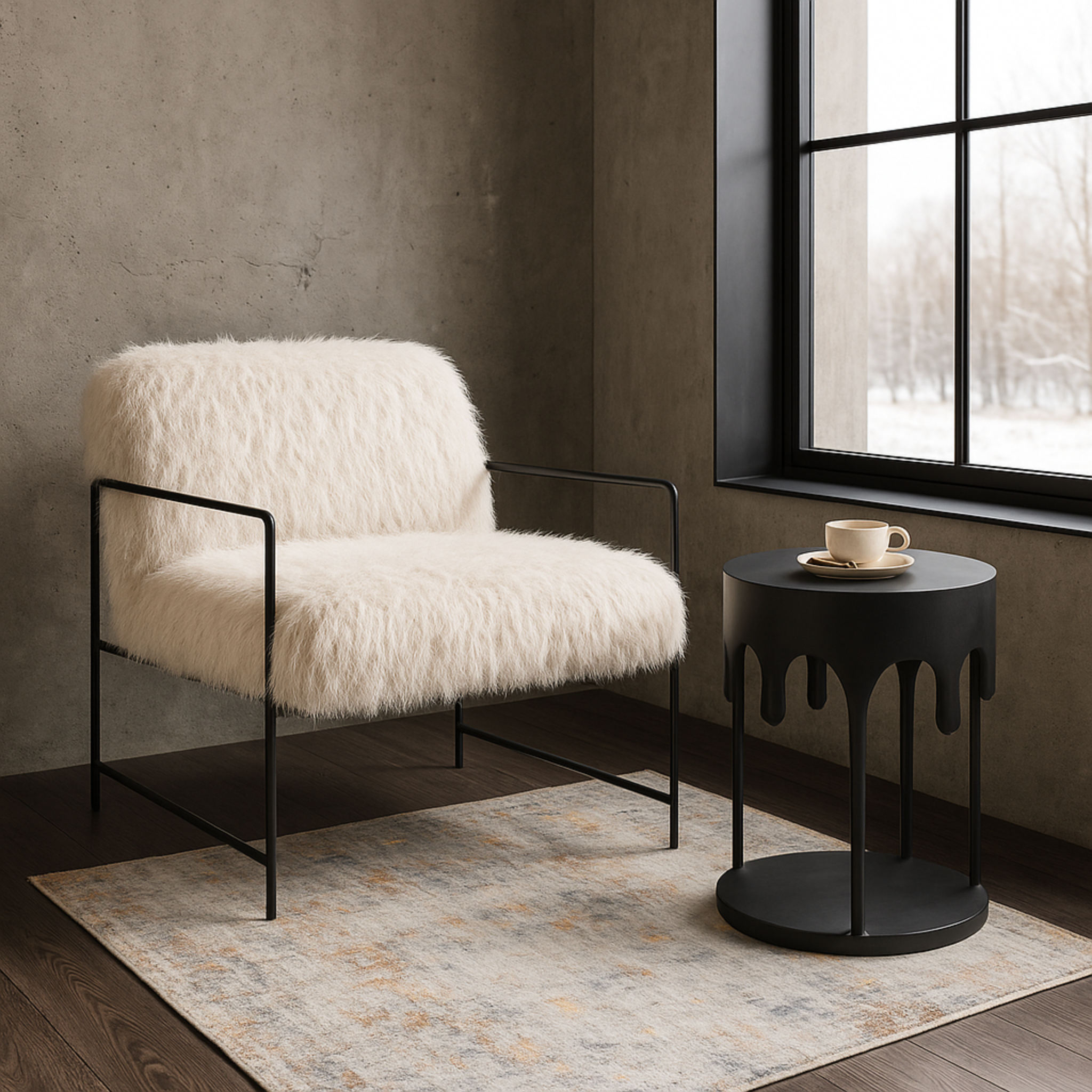 Sillón Soma ambientado en sala moderna con muro de concreto y mesa lateral negra