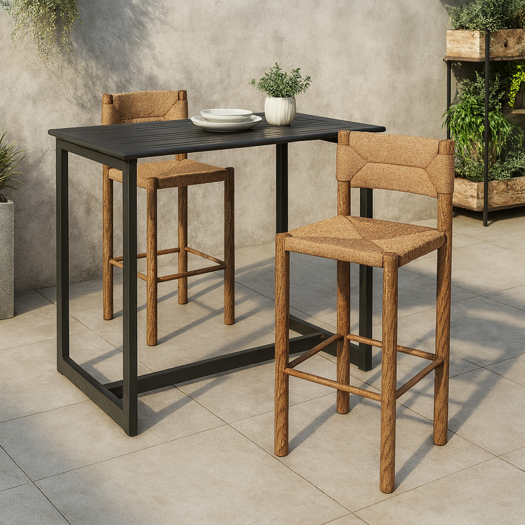 Banco Alto Luno natural en ambiente exterior junto a mesa