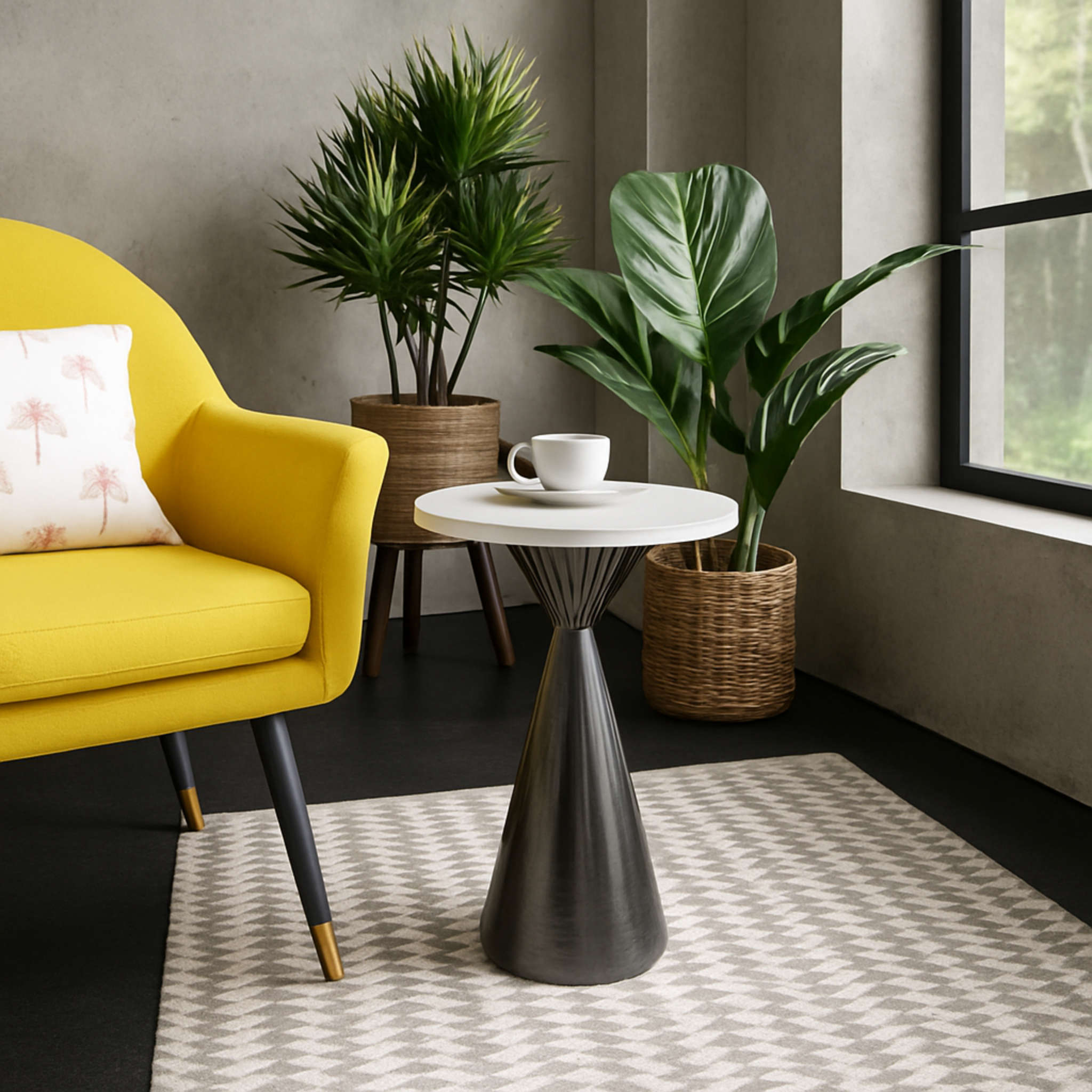 Mesa Triton ambientada junto a sillón amarillo en interior moderno con luz natural