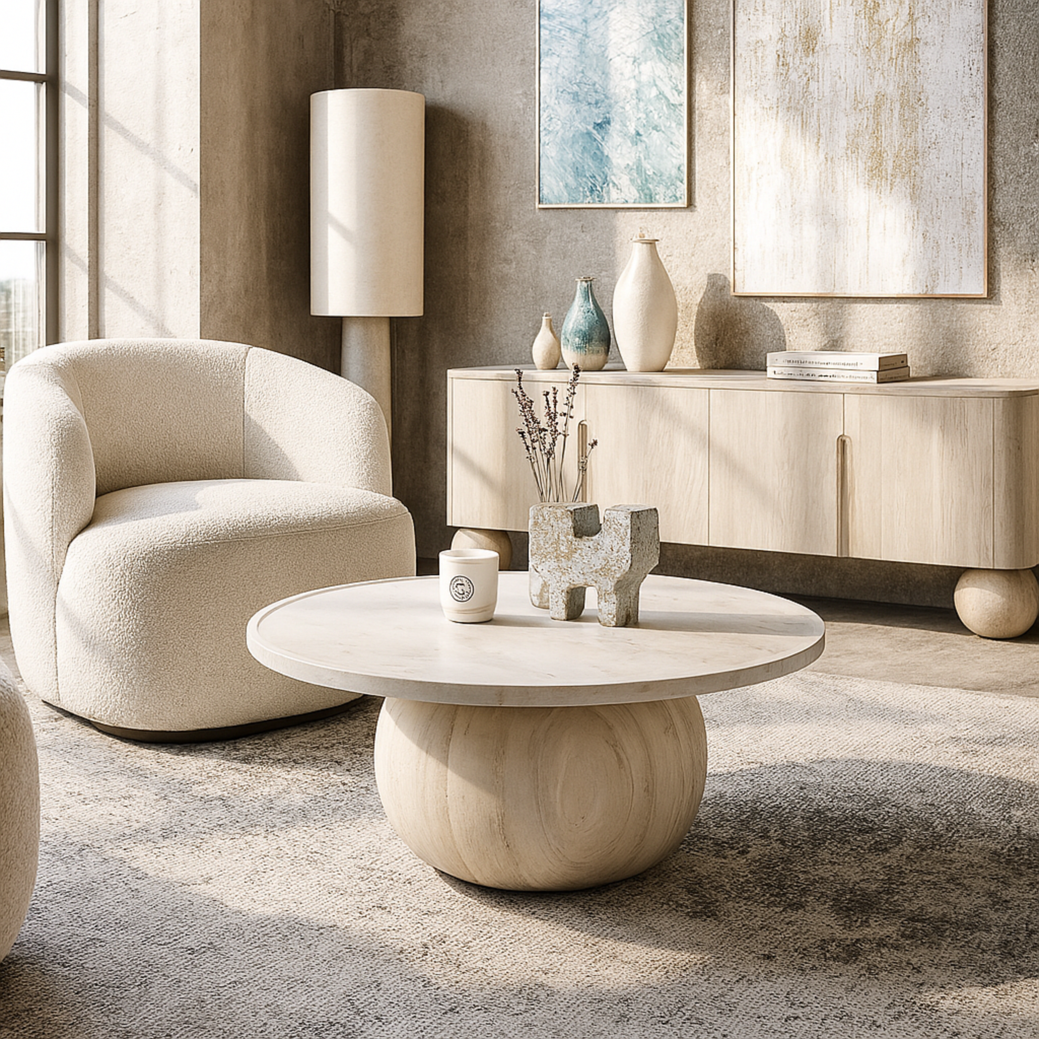 Mesa Ona ambientada en sala moderna con luz natural y tonos neutros