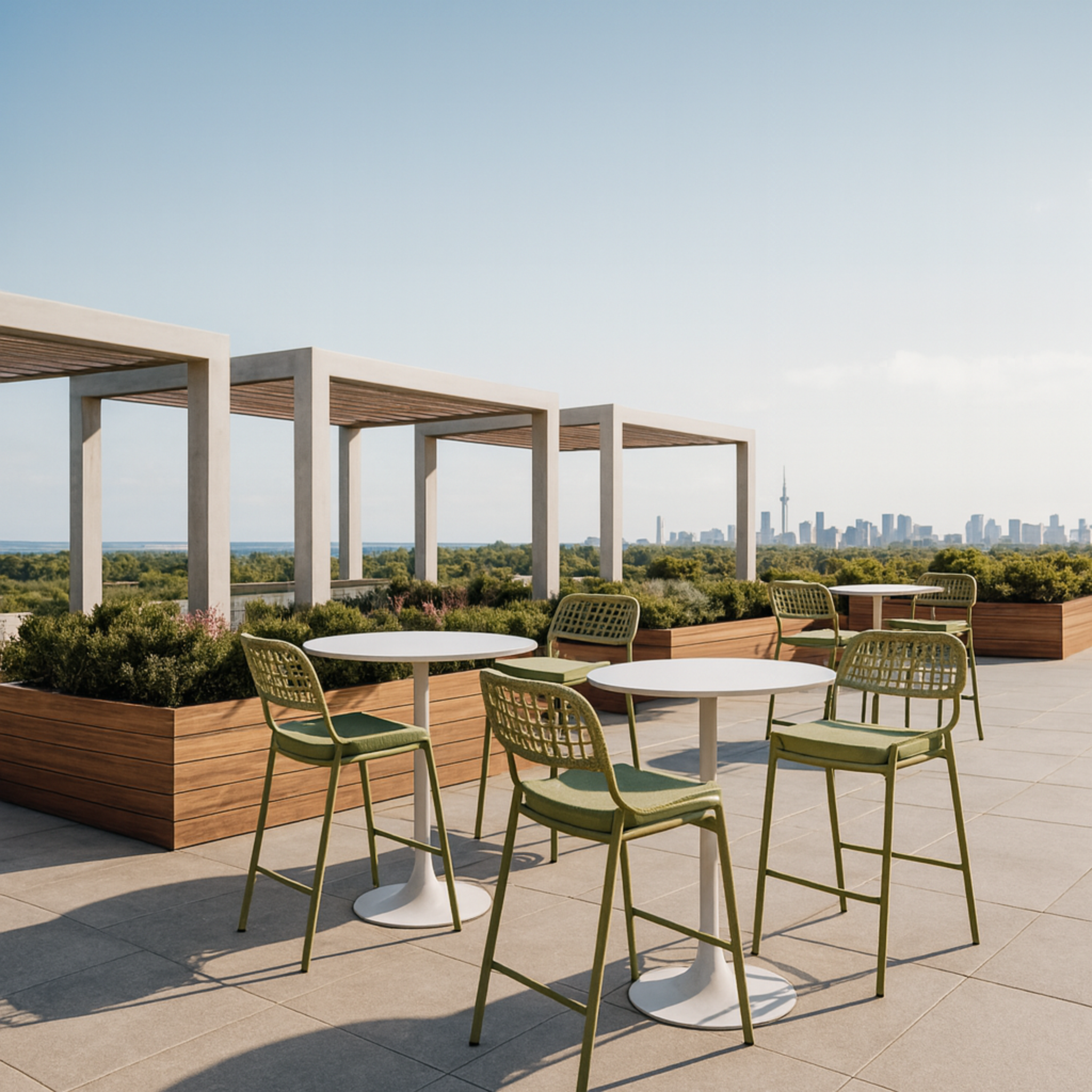 Mesa de Bar Saya blanca en ambiente exterior sobre terraza con sillas verdes