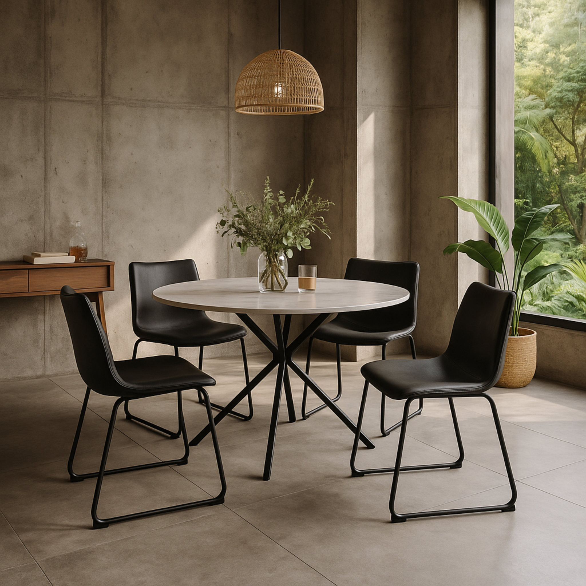 Mesa Amiens en comedor moderno con sillas negras y luz natural