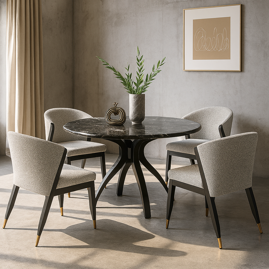 Mesa Roux ambientada en comedor moderno con sillas tapizadas y decoración minimalista en estilo brutalista claro